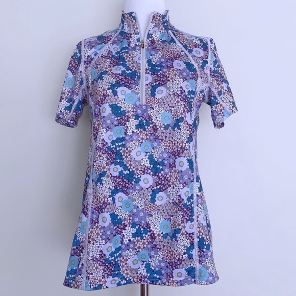 Kerrits Tops - KERRITS Floral Short Sleeve 1/4 Zip Equestrian Riding Top Blue / Purple Sz L
